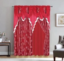 Sara Flowers Red Curtains Windows Panels With Attached Valance 2 Pcs Set - £39.46 GBP