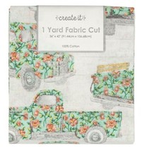 Create It Fabric Vintage Truck Floral Flowers Aqua Teal 100% Cotton 1 Yard Cut - $8.66