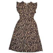 Ganni Midi Dress Womens 36 Cotton Leopard Print Ruffle Sleeve V-Neck Poc... - $858.55 MXN