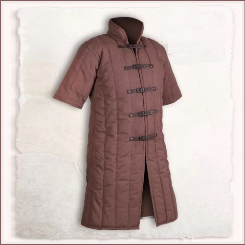 Medieval Brown Turtleneck Short Sleeve Padded Canvas Gambeson Tunic Battle Coat