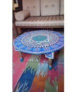 Hand Painted Round Moroccan COFFEE table, unique colorful wooden big table - $510.14