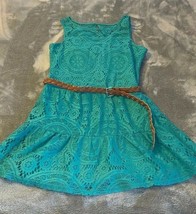 Girl's Size 14 My Michelle Solid Turquoise Lace Mini Dress Brown Braided Belt - $22.00