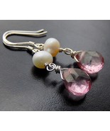 Pink Quartz Drop Earrings, Pearl Earrings, Mystic Quartz Sterling Silver... - $30.00