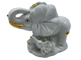 Elephant Gold White Trim Porcelain Figurine Statue Calf Baby Asian Decor - £18.77 GBP