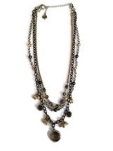 Lia Sophia Triple Strand Brass Gold Silver Tone Dark Beaded Gemstone Necklace - £17.46 GBP