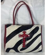 KurtMen Purse Genuine Hide Zebra Print Red Leather Trim W/Red Stone Cros... - $69.25