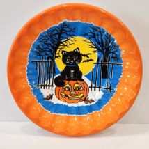 Halloween Plastic Plate Dish Black Cat on Jack O Lantern Pumpkin Vintage 9.5&quot; - $9.99