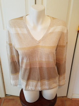 Tommy Hilfiger Ladies Size Medium Biege &amp; Golden Glitter V-Neckline Sweater - £15.60 GBP