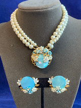 Vtg Necklace &amp; Clip-On Earrings Fashion Jewelry Set Faux Pearl Rhinestone - £110.61 GBP