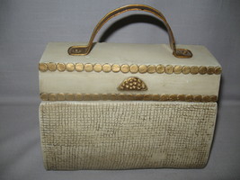 Cookie Jar Purse Design Cream Color Gold Decor Metal Handle Line Design - £10.11 GBP