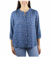 Jachs Girlfriend Womens Blouse Navy Blue Floral Top 3/4 Sleeves V-Neck Flowy - £13.97 GBP