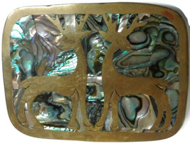 Vintage Belt Buckle Abalone shell inlay Deer Bucks Stag Made in Mexico - £59.61 GBP