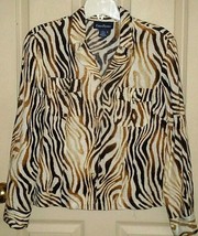 EVAN PICONE animal stripes blouse Tabbed roll-up sleeves Breast pockets Sz L - £3.98 GBP