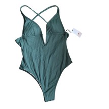Shade &amp; Shore Ribbed Plunge Deep V-Wire One Piece Swimsuit Dark Green Size M NWT - £21.70 GBP