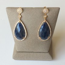 Women&#39;s Earrings 18k Rose Gold Natural Round White Diamonds, Pear Blue Sapphires - £1,715.09 GBP