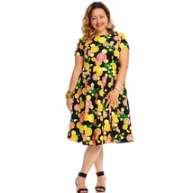 Eva Rose Short Sleeve Citrus Print Fit And Flare Dress Black Yellow 1X - £30.79 GBP