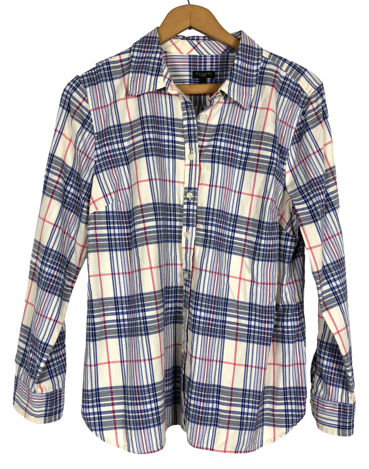 Talbots Button Up White Blue Pink Plaid Preppy Coastal Nautical - $14.00
