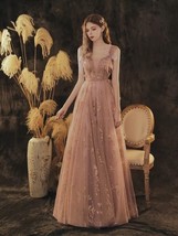 Pink Evening Dresses Spaghetti Strap Lace Up With Bow Applique Pleated A... - £235.36 GBP
