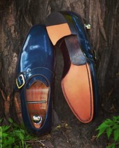 Men&#39;s Handmade Bespoke Blue Genuine Leather Monk Strap  Slip On Shoes, P... - £157.70 GBP