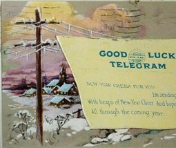 New Year Good Luck Telegram Postcard Church Cable Lines Embossed Vintage  - £8.02 GBP