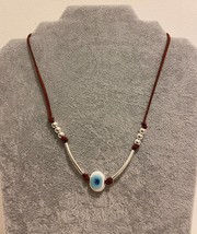 Evil eye leather necklace handmade stainless steel beaded brown choker - £15.98 GBP