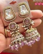 Bollywood Style Gold Plated Indian CZ Kundan Purple Jhumka Earrings Jewelry Set - £22.41 GBP
