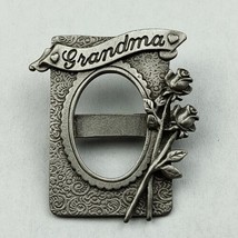 JJ SilverTone Grandma Picture Frame Brooch Pin Roses Banner 2&quot; - £5.41 GBP