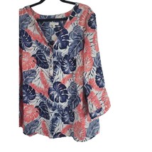 Coral Bay Linen Blouse 3x Womens Plus Size Roll Tab Sleeve V Neck Floral Print - £15.64 GBP