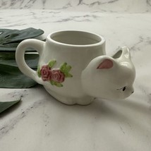 Vintage Floral Cat Tea Cup Mug White Pink Roses Kitten Teabag Holder Cot... - $17.81