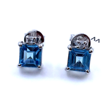 Women&#39;s Studs Earrings 18k White Gold Natural Square Blue Topaz Carre Diamonds - £562.50 GBP