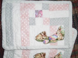 Pastel Quilted Mug Rug with Bunnies and Easter Eggs - $18.00