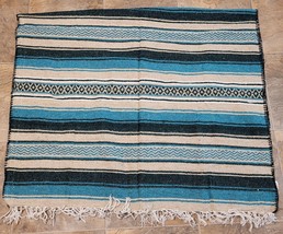 Vtg Earth Ragz Blue White Striped Fringed Indian blanket 68&quot;x42” Made In... - $21.77
