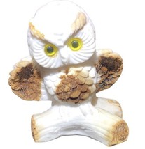 VTG White Brown Alabaster Owl Yellow Eyes Horned Fluffing Spread Wings 4”x3” - £12.13 GBP