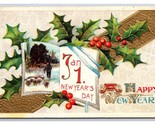 Happy New Year Calendar Holly Gilt Embossed DB Postcard A16 - $4.90