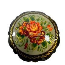 Red Rose Vintage Hand Painted Signed Russian Black Gold Lacquer Flower Brooch - £29.56 GBP