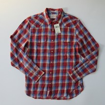 NWT Lucky Brand Santa Fe in Orange Blue Plaid Classic Snap Button Down Shirt S - £14.73 GBP