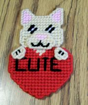 Plastic Canvas Kitten Valentine Magnet, Fridge Decor, Needlepoint, Handmade - $6.00