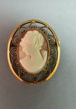 12k Rose Gold Filled Cameo Brooch Hand Carved Open Work Frame Left Facin... - $39.00