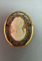 12k Rose Gold Filled Cameo Brooch Hand Carved Open Work Frame Left Facin... - £30.68 GBP