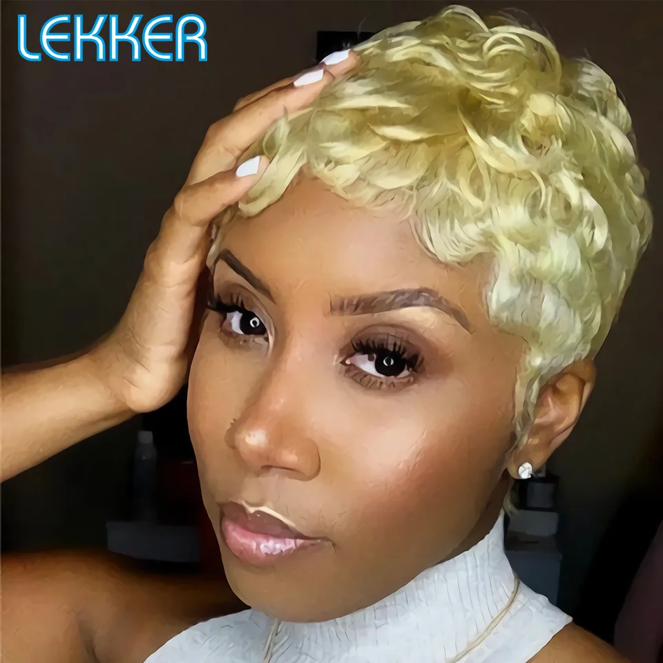 Lekker 613 Blonde Short Pixie Curly Human Hair Wig For Women Finger Waves B - $32.99