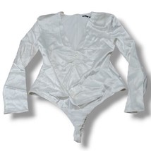 Zara Bodysuit Size XL Satin Bodysuit Low V-Neck Long Sleeve Padded Shoul... - $39.59
