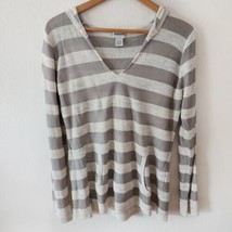 Chicos Striped Hooded V Neck Lightweight Shirt Top Tan Gray Size 1 Linen... - £16.45 GBP