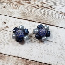 Vintage Clip On Earrings Tones of Blue Flower Just Over 1&quot; - $12.99