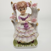 Girl in Garden Figurine Purple Dress Made in Korea Brunette Vintage Ceramic - £7.58 GBP