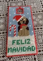 Handmade Needlepoint Holiday Sign Feliz Navidad  Door Hanger Cute Brown Dog - $12.99