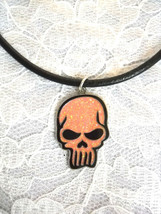 Chrome Gothic Girl Punisher Skull Pink Glitter Inlay On Black Adj Cord Necklace - £11.06 GBP