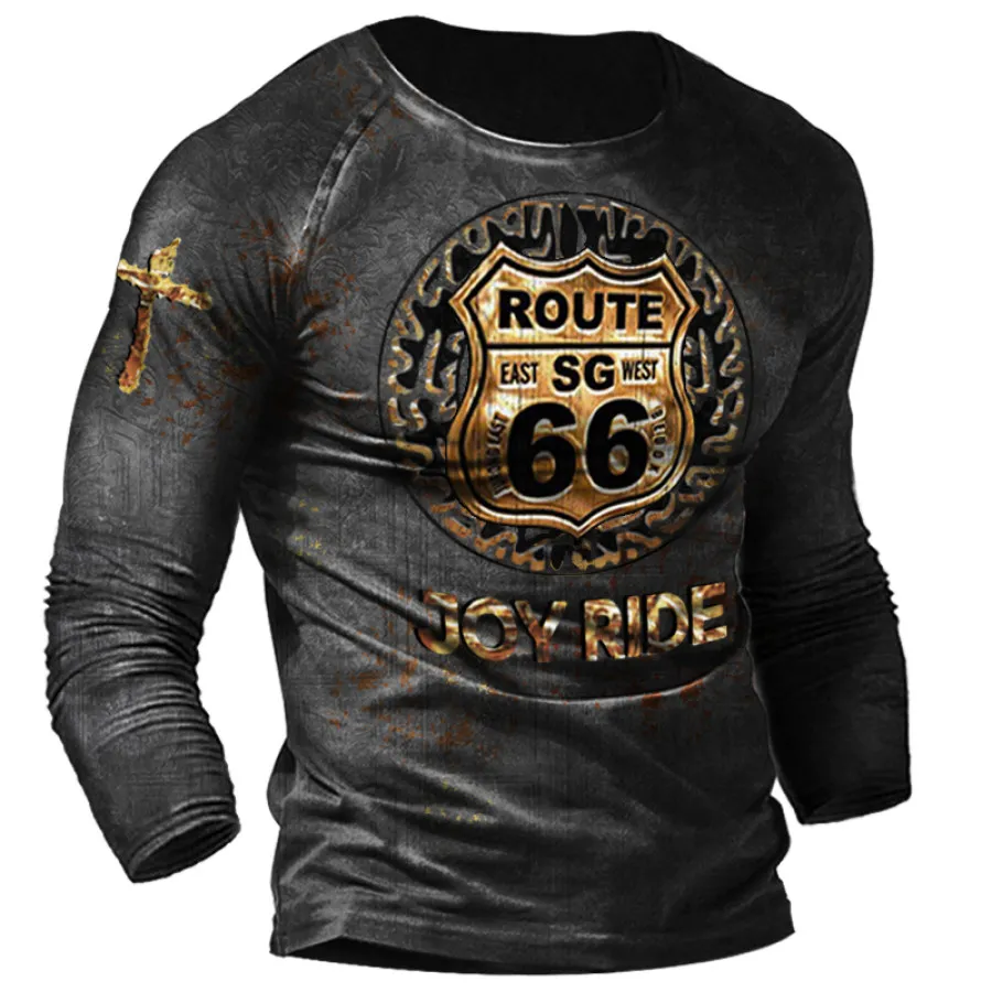 House Home Vintage Men&#39;s T Shirt Long Sleeve Cotton Top Tees USA Route 66 Letter - £19.65 GBP