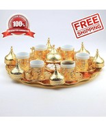 Coffee Serving Cup Gold 27 Ct Turkish Ottoman Greek Arabic Saucer Gift Set - £69.77 GBP