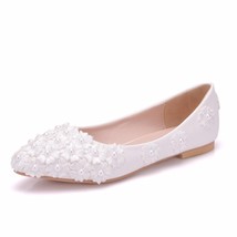 Ballet Flats White Pearl Lace Wedding Shoes Heel Casual Pointed Toe Princess - £39.97 GBP