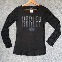 Harley Davidson Shirt Womens S Black Sparkle Big Logo Long Sheer Sleeve Top - $14.72